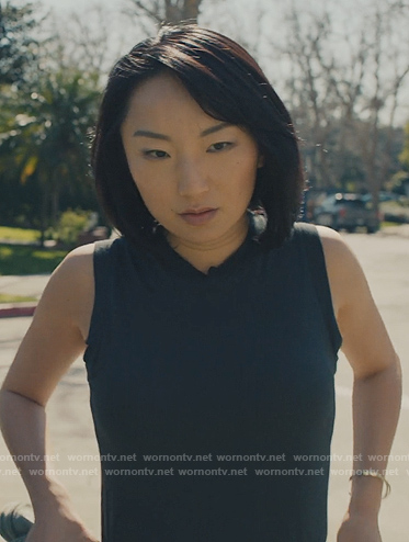 Sarah’s black tank and floral pants on No Good Deed