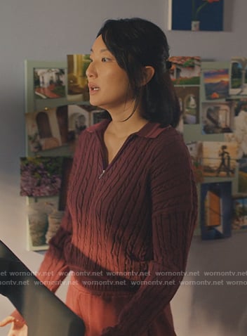 Sarah’s burgundy cable knit pullover on No Good Deed