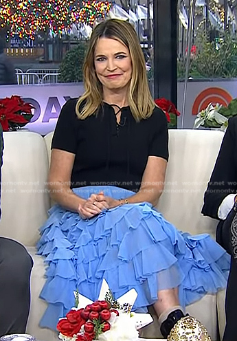 Savannah’s black lace-up top and blue tiered tulle skirt on Today