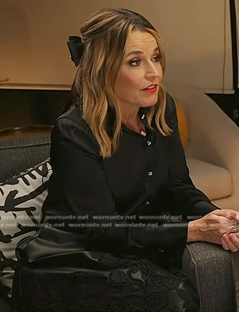 Savannah’s black embellished button shirt and leather skirt on Today