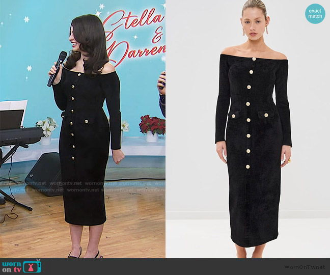 Self Portrait Off-the-shoulder button-embellished chenille midi dress worn by Stella Cole on Today
