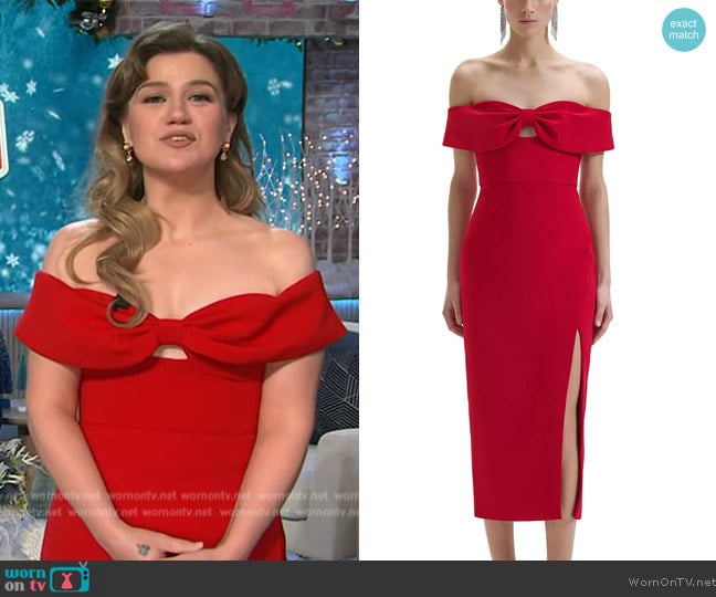 Self Portrait Bow Crepe Off the Shoulder Midi Dress worn by Kelly Clarkson on The Kelly Clarkson Show
