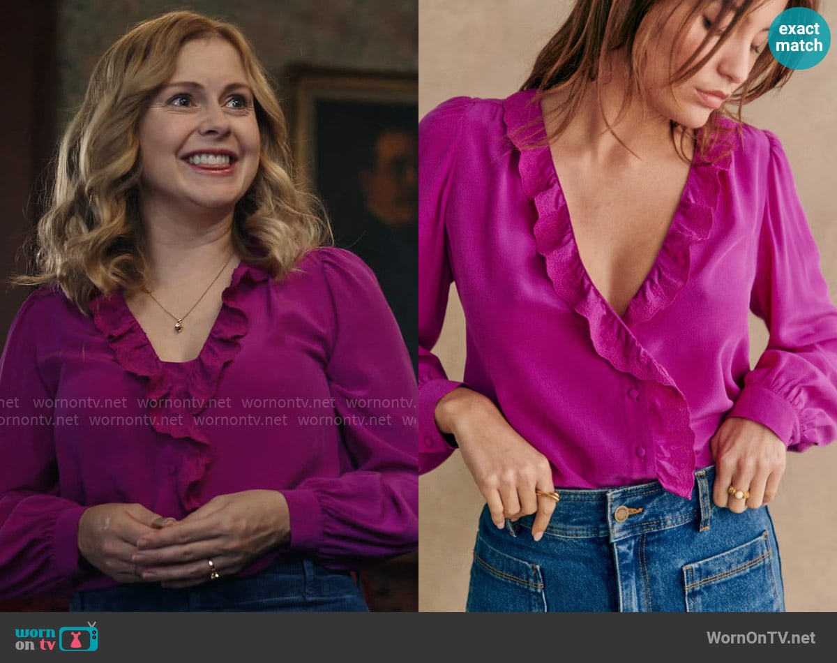 Sezane Rosine Blouse in Fuschia worn by Sam (Rose McIver) on Ghosts
