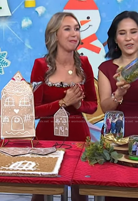 Shannon Doherty’s red velvet embellished trim mini dress on Today