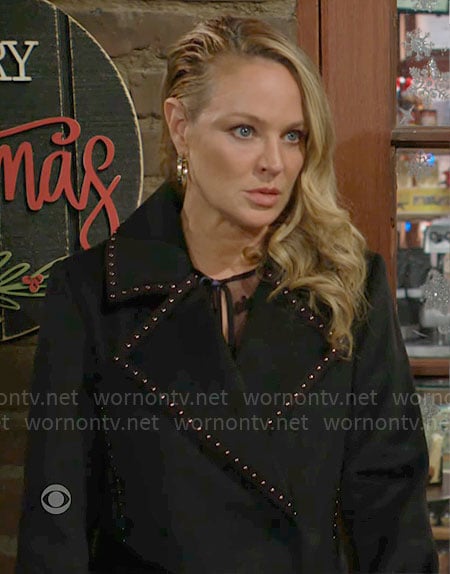 Sharon’s black studded trim coat on The Young and the Restless