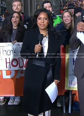 Sheinelle’s black wrap coat with leather belt on Today