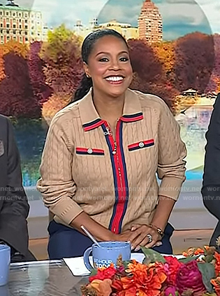 Sheinelle’s beige cable knit zip front sweater on Today