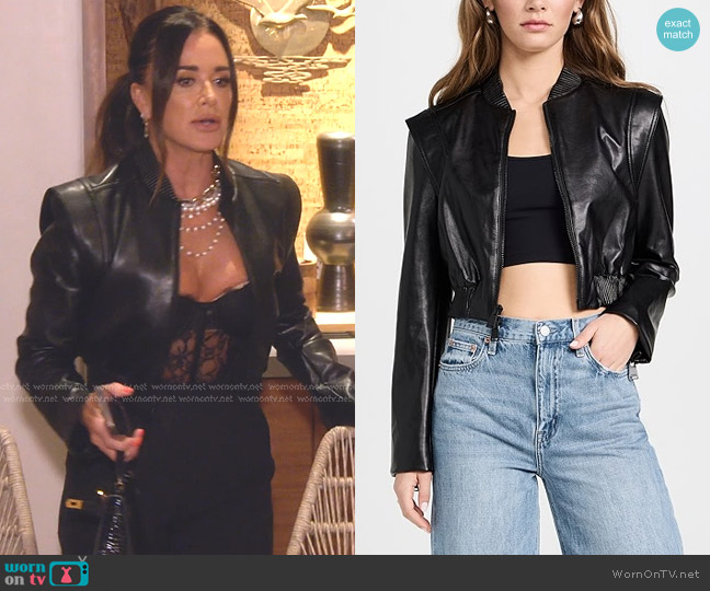 Simkhai Doreen Luxe Vegan Leather Boxy Bomber Jacket worn by Kyle Richards on The Real Housewives of Beverly Hills