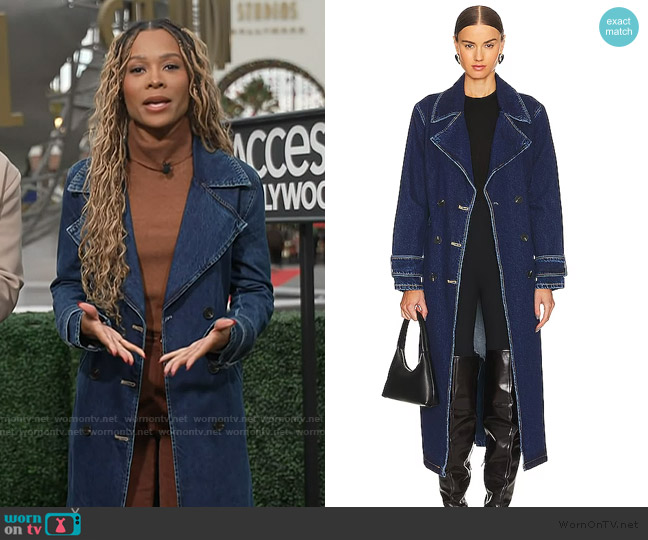 SNDYS Wren Denim Trench worn by Zuri Hall on Access Hollywood