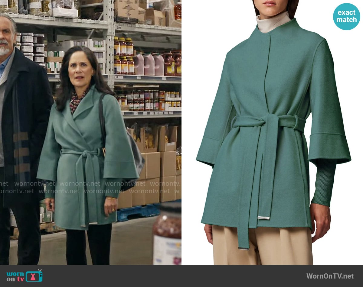 Soia & Kyo Selma Coat in Spruce worn by Champa (Sakina Jaffrey) on Ghosts