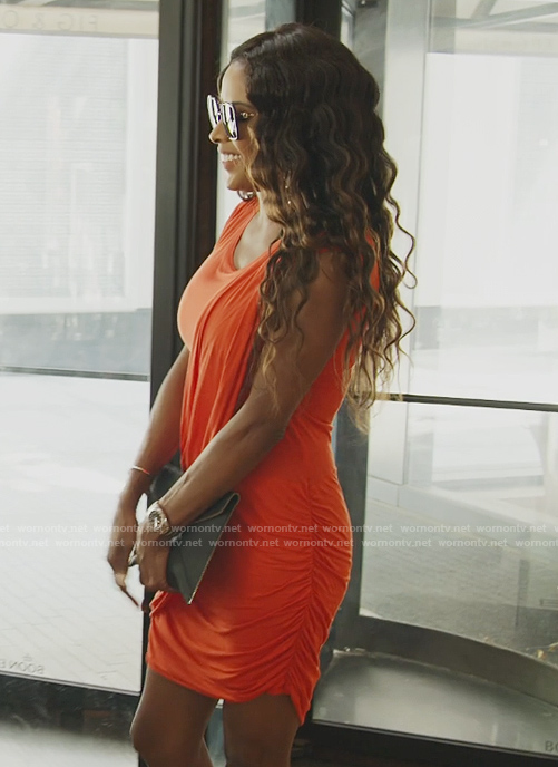 Stacey’s red ruched mini dress on The Real Housewives of Potomac