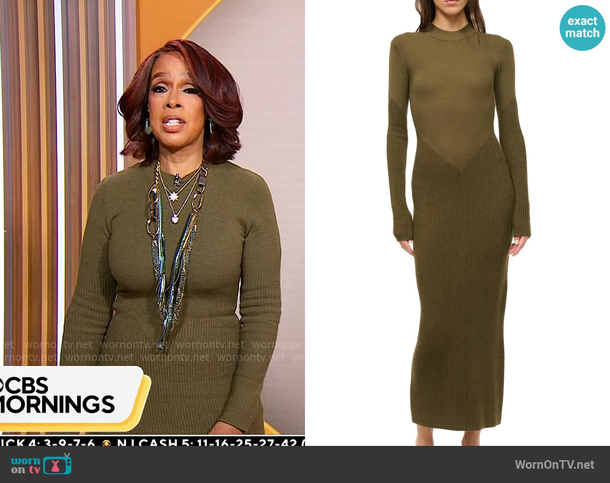 Staud Ramona Dress in Sergeant Green worn by Gayle King on CBS Mornings