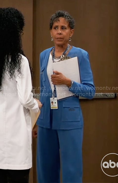 Stella’s blue knit jacket and pants set on General Hospital