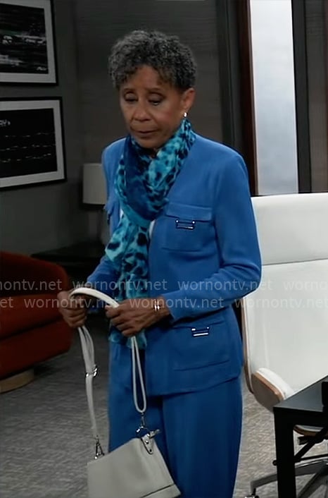 Stella’s blue knit jacket and pants set on General Hospital