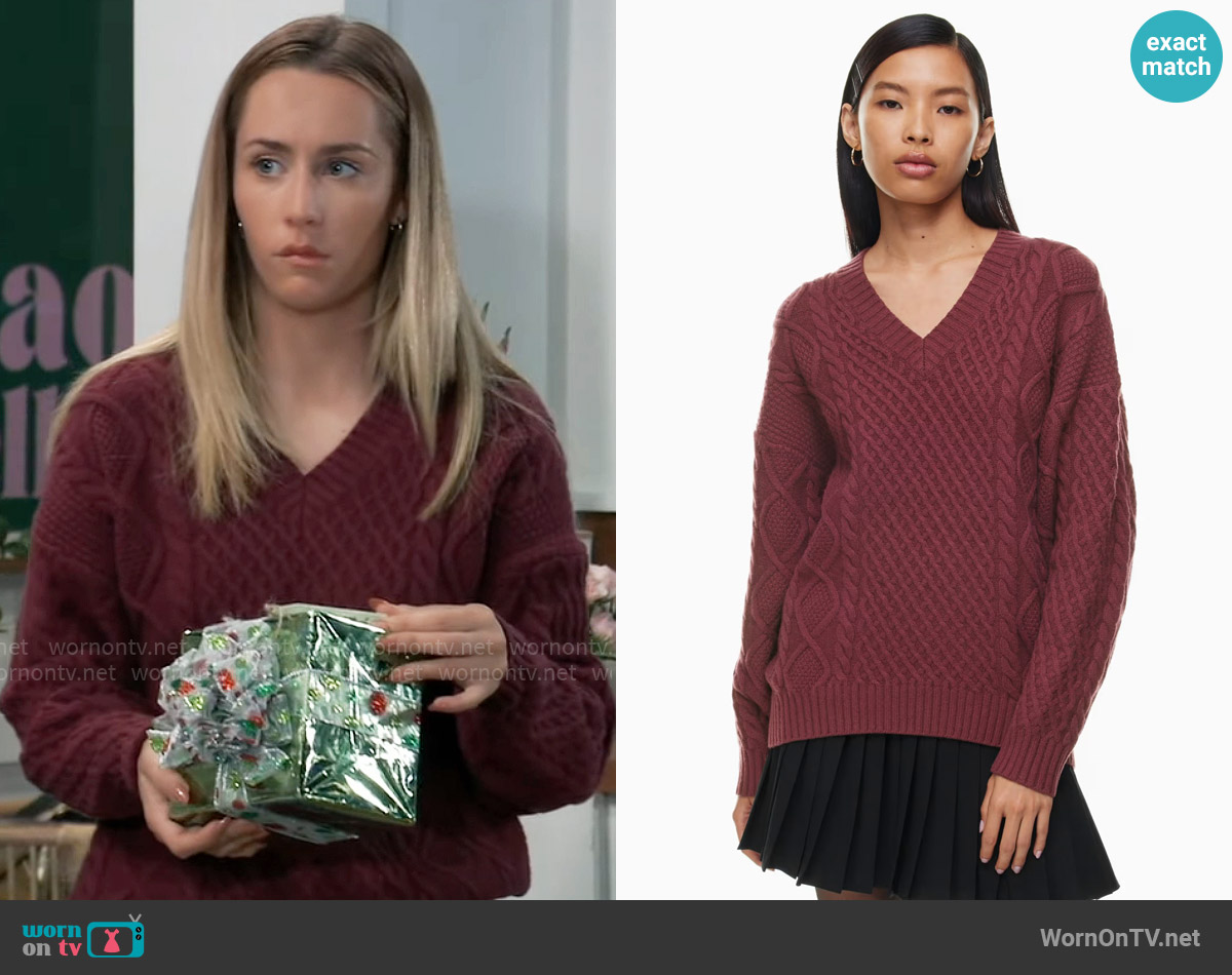 Sunday Best Peggy V-neck Sweater in Spiced Burgundy worn by Josslyn Jacks (Eden McCoy) on General Hospital