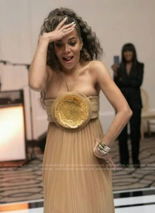 Sunny’s beige floral applique maxi dress on The View