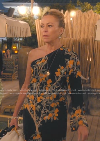 Sutton’s black floral one shoulder dress on The Real Housewives of Beverly Hills