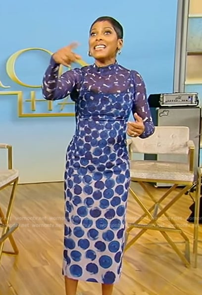 Tamron’s blue printed mesh top and dress on Tamron Hall Show