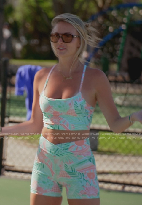 Taylor’s blue floral print biker shorts and top on Southern Charm