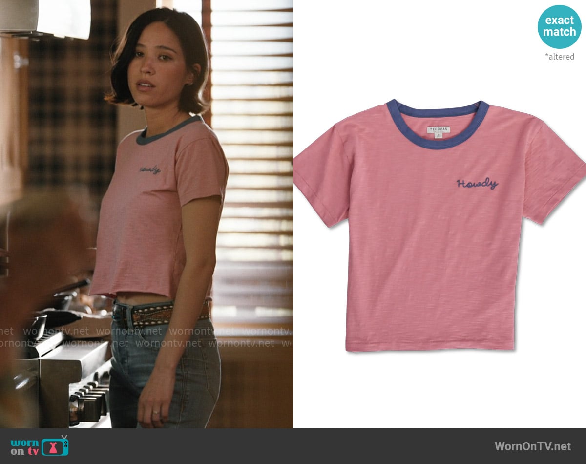 Tecovas Vintage Ringer Tee in Dusty Pink / Bluefin worn by Monica Dutton (Kelsey Asbille) on Yellowstone