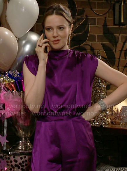 Tessa’s purple satin draped blouse and pants set on The Young and the Restless