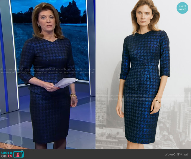 The Fold Eaton Dress in Navy Metallic Houndstooth Tweed worn by Norah O'Donnell on CBS Evening News