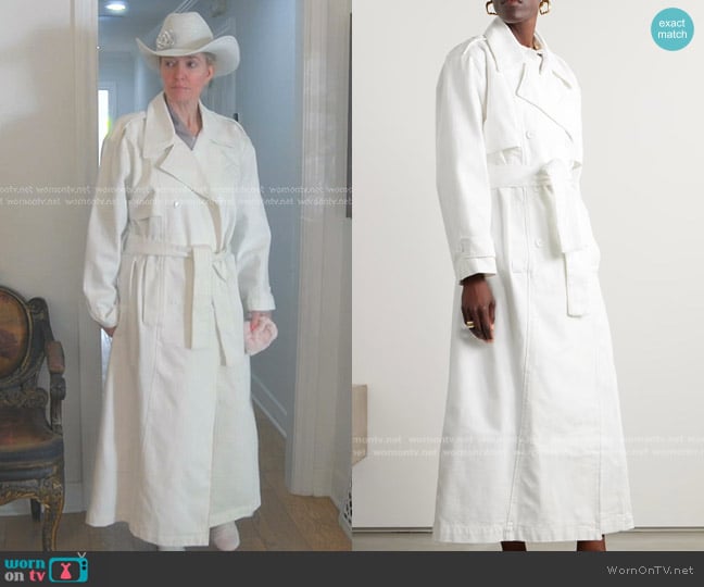The Frankie Shop Nikola Denim Trench Coat worn by Erika Jayne on The Real Housewives of Beverly Hills