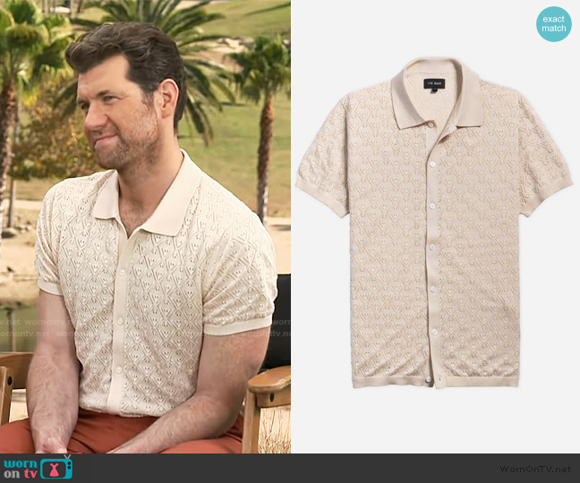 The Tie Bar Full Placket Pointelle Ivory Polo worn by Billy Eichner on Access Hollywood