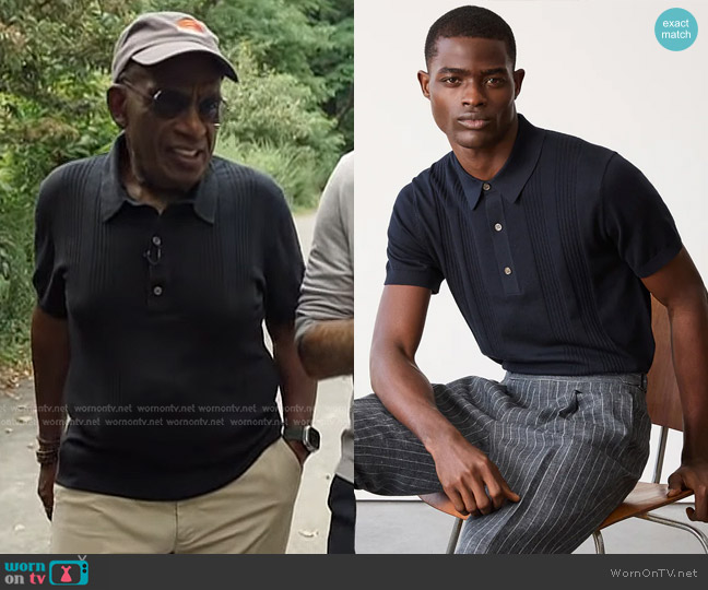Todd Snyder Silk Cotton Ribbed Polo in Navy worn by Al Roker on Today