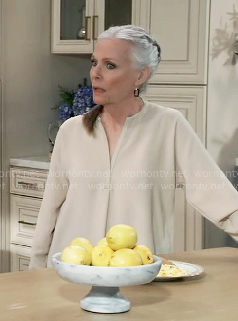 Tracy’s beige split-neck blouse on General Hospital