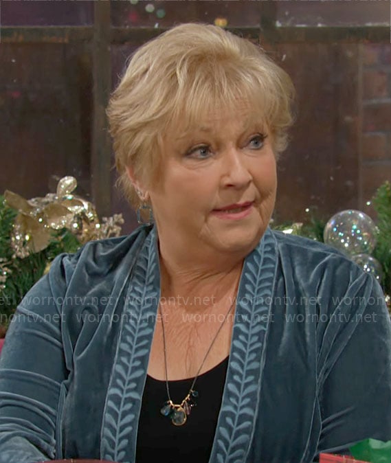 Traci’s blue velvet embroidered kimono jacket on The Young and the Restless