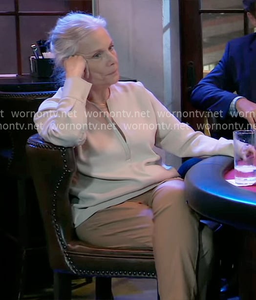 Tracy’s beige split-neck blouse on General Hospital