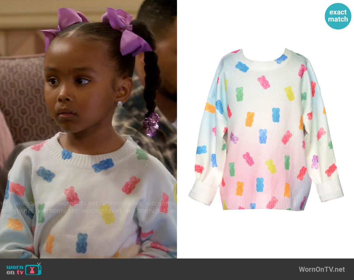 Truly Me Gummy Bears Print Sweater worn by Maya (River Blossom) on Poppas House