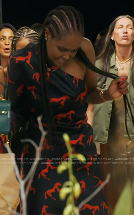 Ubah’s black horse print one shoulder dress on The Real Housewives of New York City