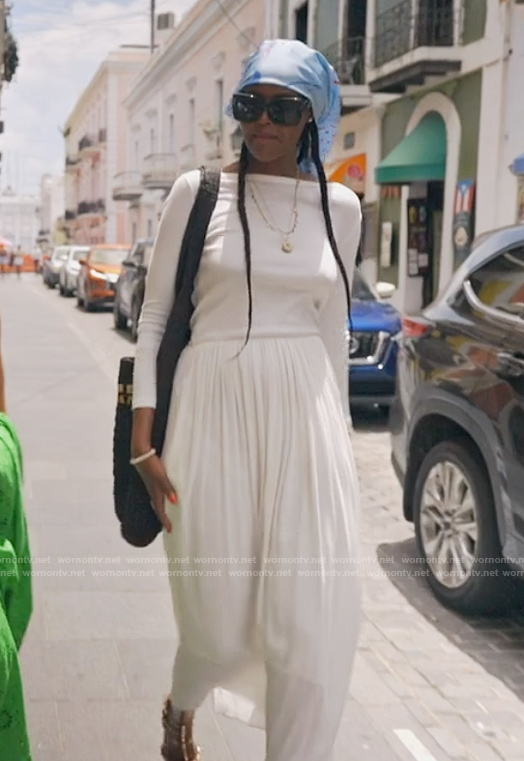 Ubah’s white long sleeve maxi dress on The Real Housewives of New York City