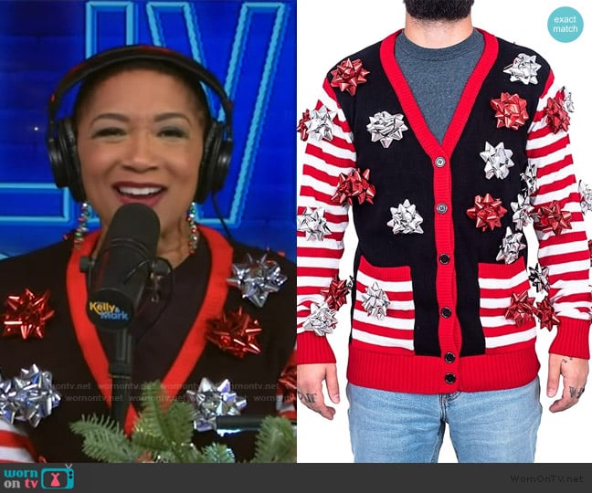 Ugly Christmas Sweater Sweater Gift Wrapping Bow Cardigan worn by Deja Vu on Live with Kelly and Mark