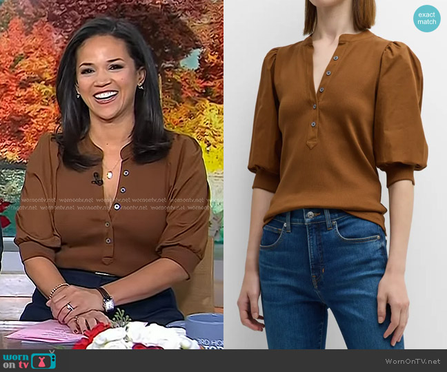 Veronica Beard Coralee Front Button Blouse in Ochre worn by Laura Jarrett on Today