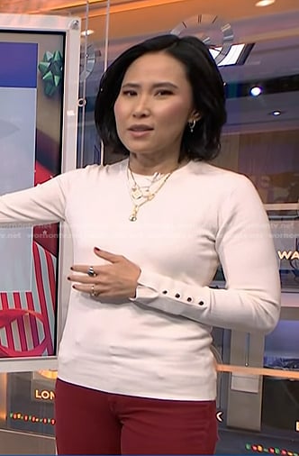 Vicky’s white button cuff sweater on NBC News Daily