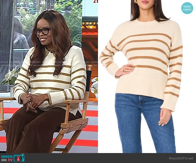 Vince Camuto Stripe Cotton Crewneck Sweater in Birch worn by Jacqueline Coley on Today