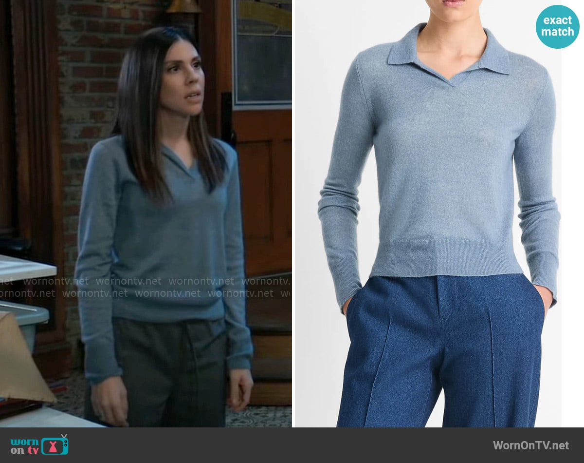 Vince Wool Blend Polo Sweater in Iris Water worn by Kristina Corinthos-Davis (Kate Mansi) on General Hospital
