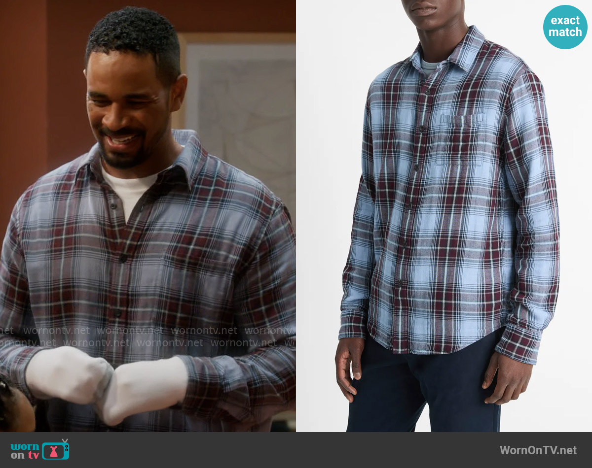 Vince Napa Plaid Shirt in Blue Cloud/ Malbec worn by Damon (Damon Wayans Jr.) on Poppas House