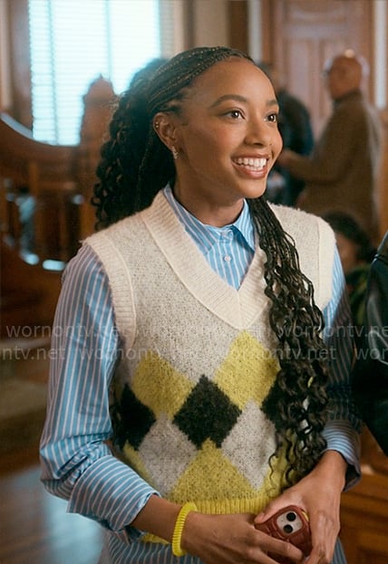 Whitney’s diamond print sweater vest on The Sex Lives of College Girls