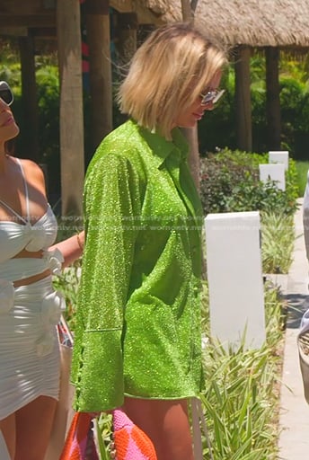Whitney’s metallic green shirt and shorts on The Real Housewives of Salt Lake City