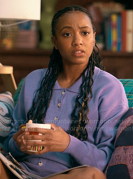 Whitney’s purple polo sweater and shorts set on The Sex Lives of College Girls