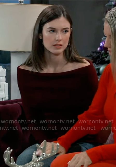 Willow’s burgundy off-shoulder sweater on General Hospital