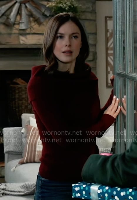 Willow’s burgundy off-shoulder sweater on General Hospital