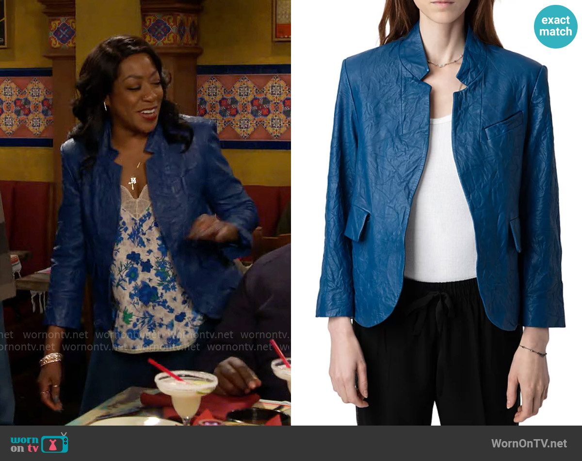 Zadig & Voltaire Verys Crinkled Leather Jacket in Overseas worn by Tina Butler (Tichina Arnold) on The Neighborhood