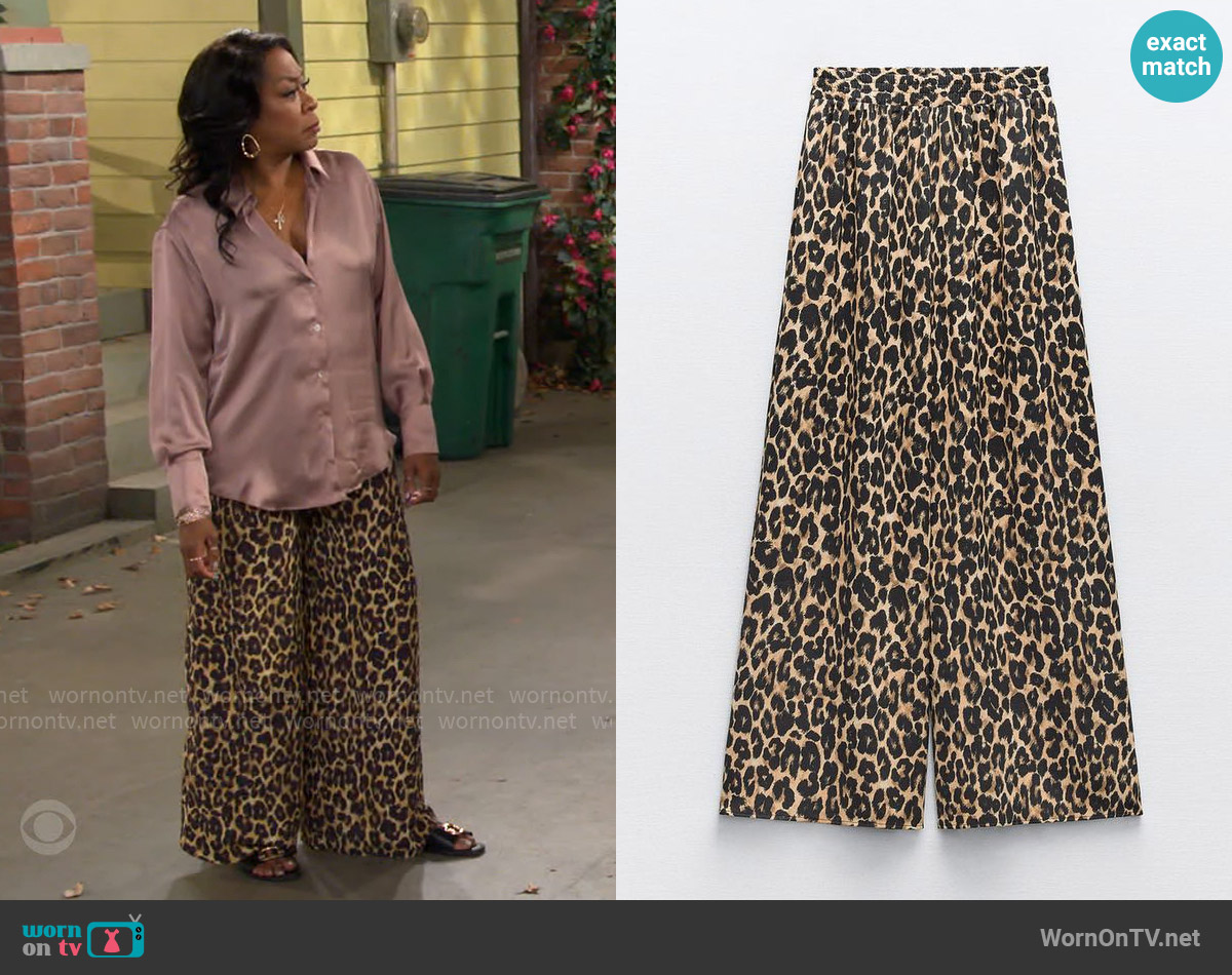 Zara Flowy Palazzo Pants in Leopard worn by Tina Butler (Tichina Arnold) on The Neighborhood
