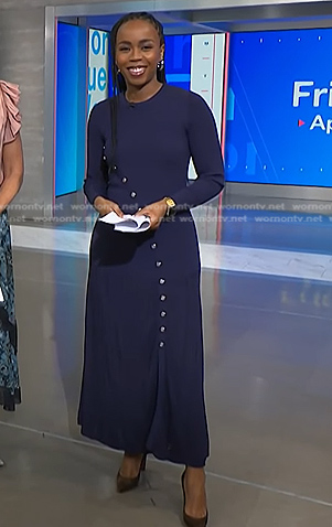 Zinhle’s navy asymmetric button dress on NBC News Daily