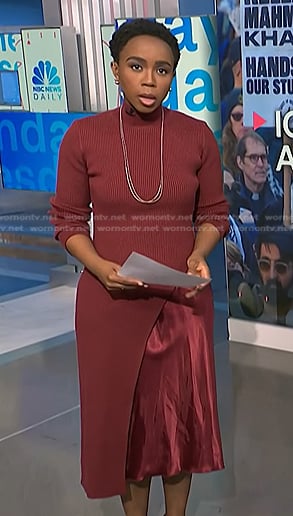 Zinhle’s red ribbed asymmetric sweater on NBC News Daily